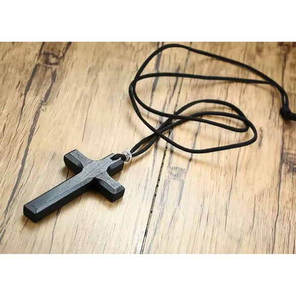 Handmade Black Wooden Cross Necklace on Cord for Men, Women & Children - Picture 3 of 6
